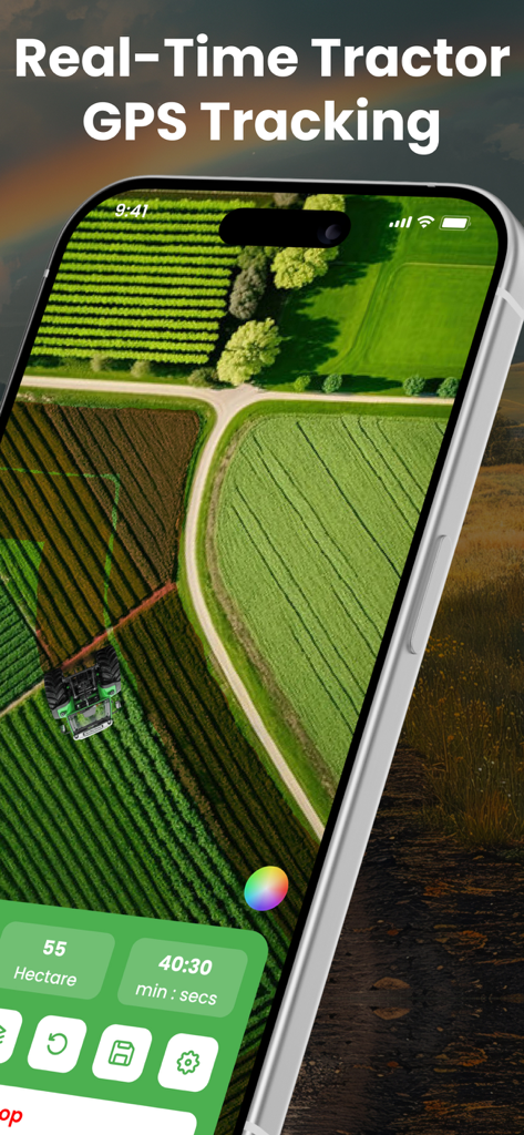 Smartphone zeigt Echtzeit-Traktor-GPS-Tracking und Feldabdeckungskartierung an.