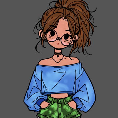 girl with a messy ponytail glasses a baggy crop top and jean shorts