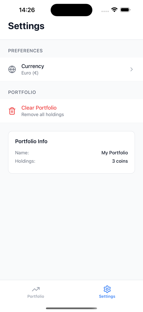 Simple Crypto Portfolio - Settings interface of the Simple Crypto Portfolio app featuring currency selection and portfolio info.
