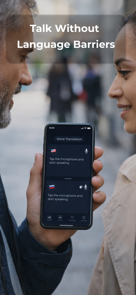AI Translator Voice Offline - AI翻訳ボイスオフラインアプリの音声翻訳インターフェースをスマートフォ​​ンに表示し、リアルタイムの会話を行っている人物。