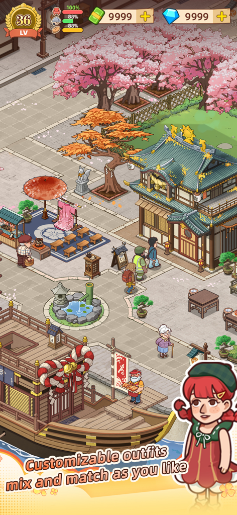 My Bakery Story-Decorate &Grow - A character in My Bakery Story game with text describing customizable outfits over a Japanese-themed landscape with cherry blossoms.