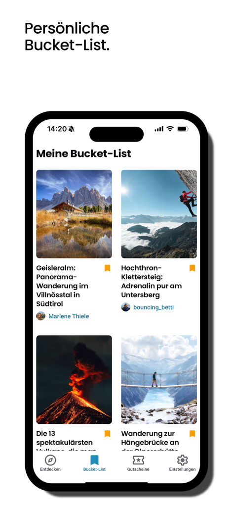 iPhone画面。保存された旅行レポートが表示された、HOME of TRAVELアプリのパーソナルバケットリスト機能が表示されています。