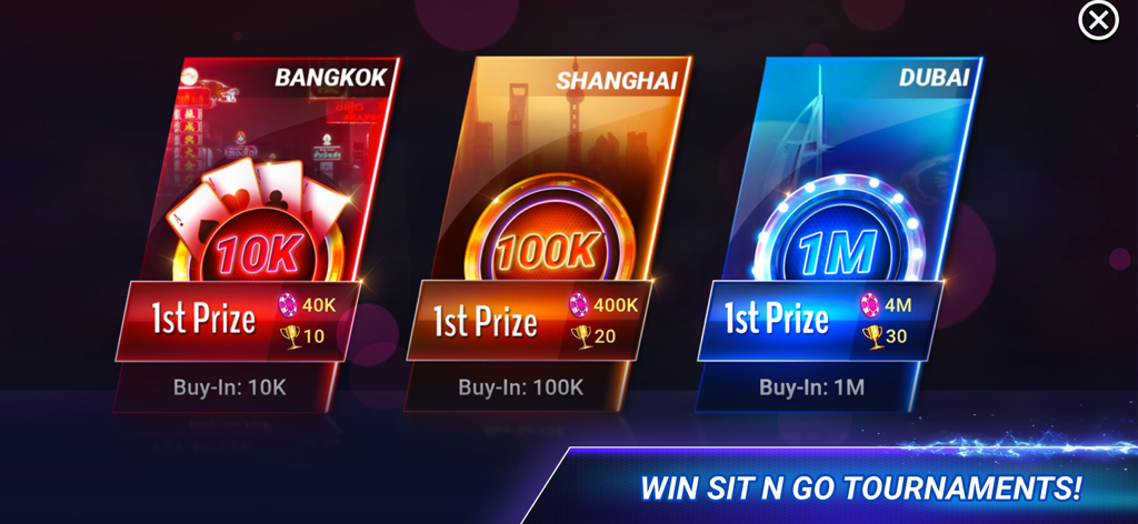 Pantalla de selección de torneo de póker Sit-N-Go que muestra ubicaciones en Bangkok, Shanghái y Dubái con premios