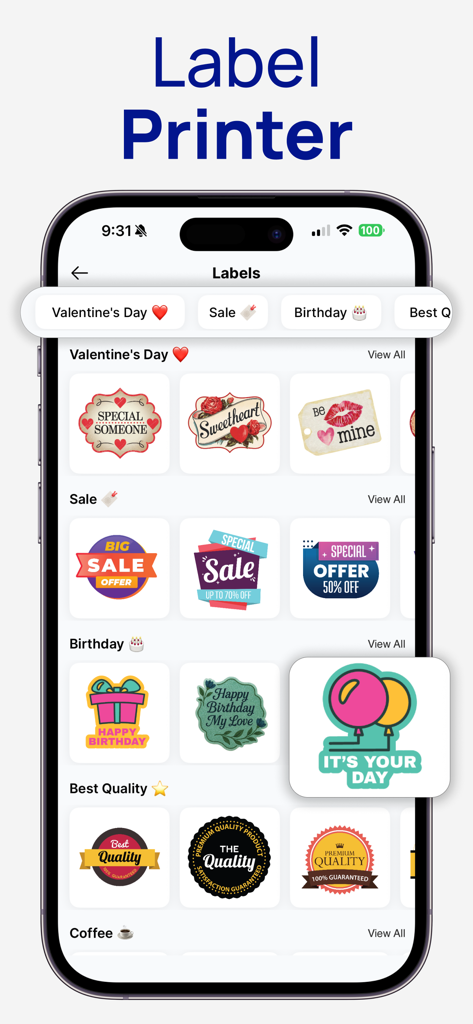 Smart Printer app interface displaying a variety of printable label templates for business and home use