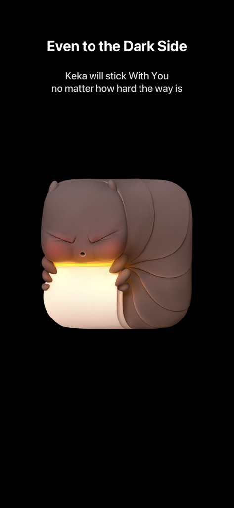 The Keka mascot character hugging a glowing light on a black background.