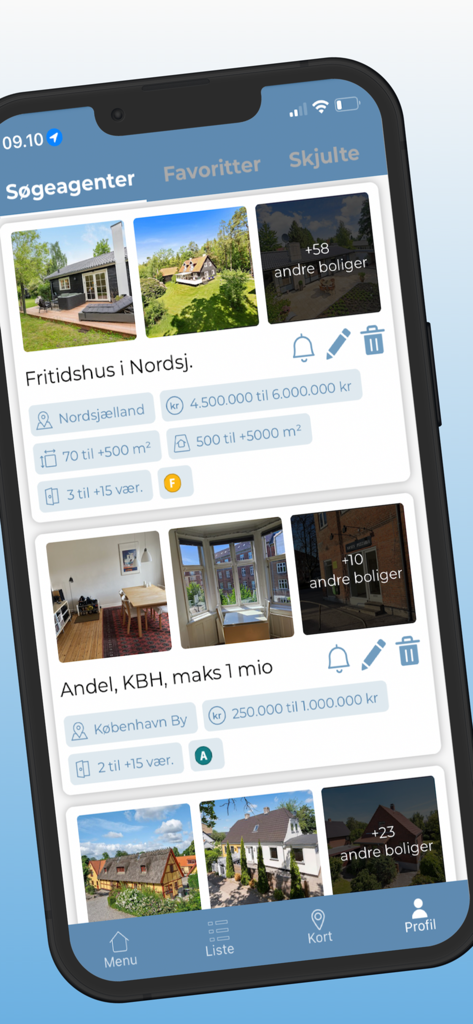 Boliga - Boliga real estate app interface displaying saved search filters and property listings in Denmark.