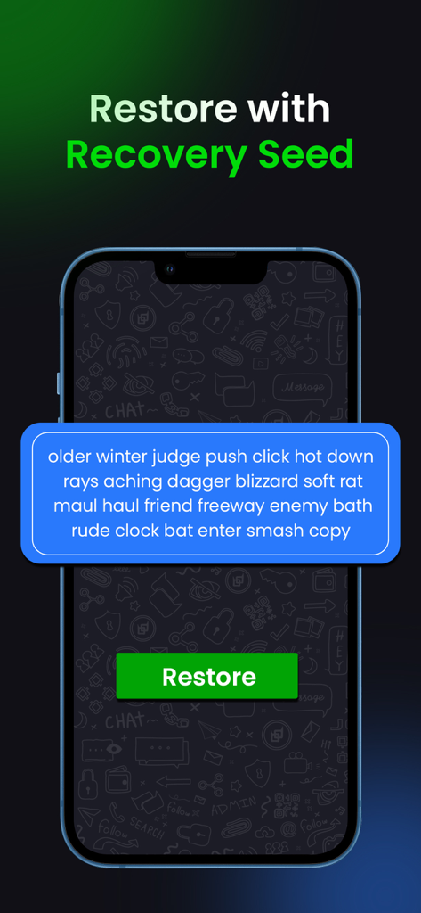복구 시드 문구를 사용하여 계정을 복원하는 BChat 메신저 인터페이스