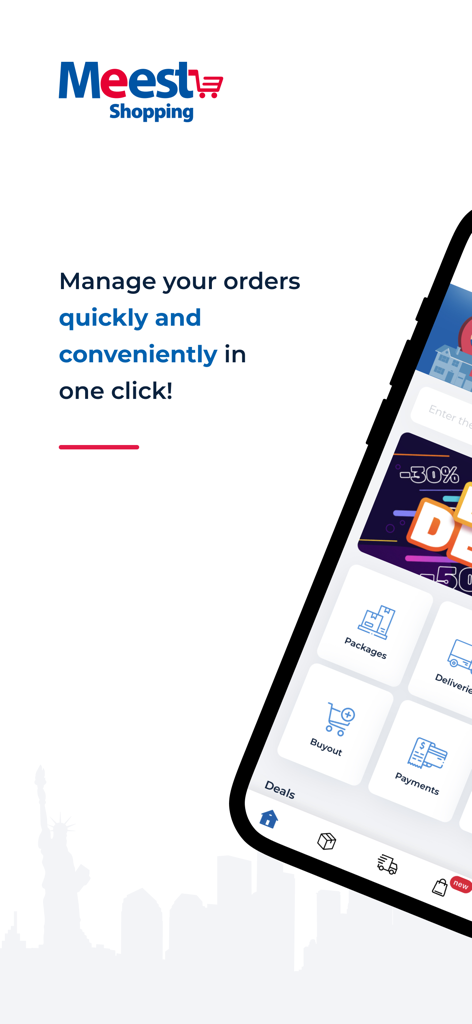 Meest Shopping app showing package management and delivery options on a smartphone screen