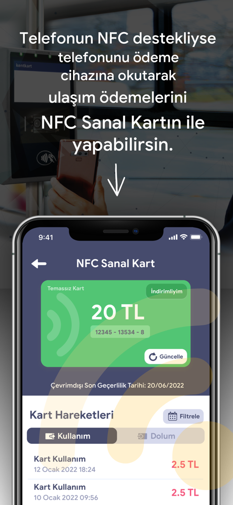 Kentkart - Kentkart 앱 인터페이스, 모바일 대중교통 결제를 위한 잔액 및 거래 내역이 있는 NFC 가상 카드 표시
