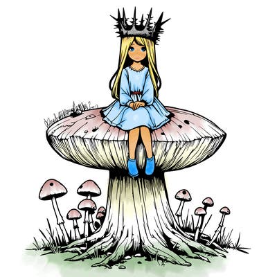 realistic girl sitting on a huge tree stump size toadstool with thorn crown