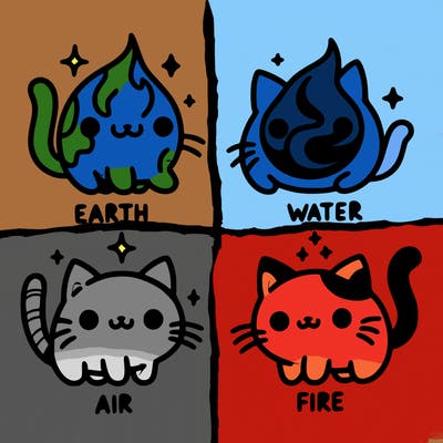 4 cats that represent the different elements, earth, water, air, and fire
