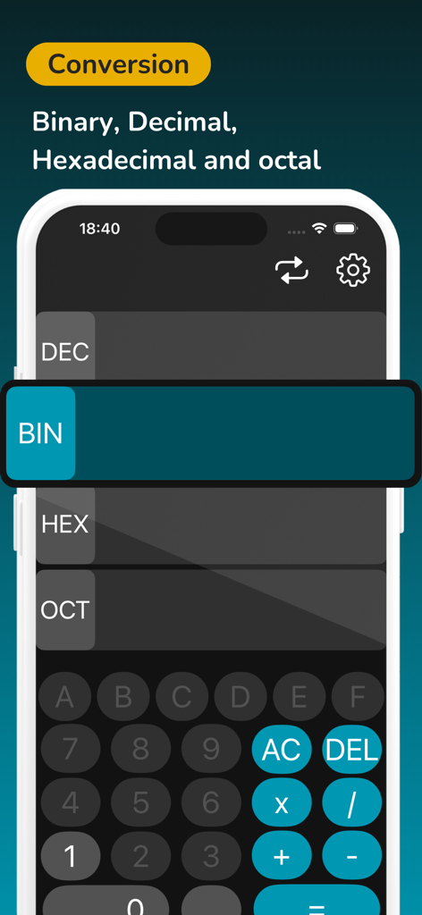 Converter Binary Calculator - Interfaz de conversor binario decimal hexadecimal y octal en dispositivo móvil