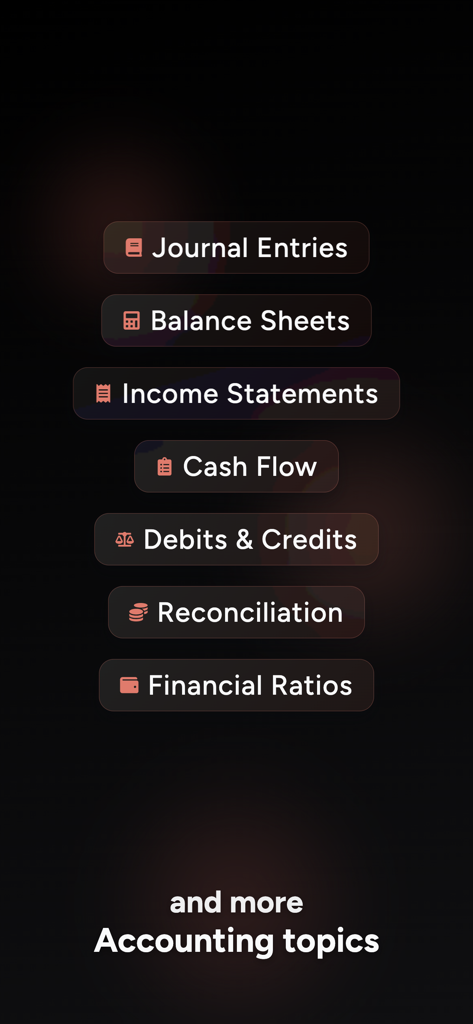 Accounting AI Solver Helper - Interfaz de la aplicación Solucionador IA de Contabilidad que enumera temas de estudio que incluyen Balances Generales, Estados de Resultados y Ratios Financieros.