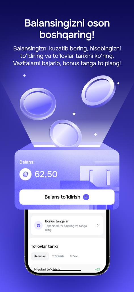 A screenshot of the Urbo app's balance management interface showing account funds, top-up options, and bonus coins.