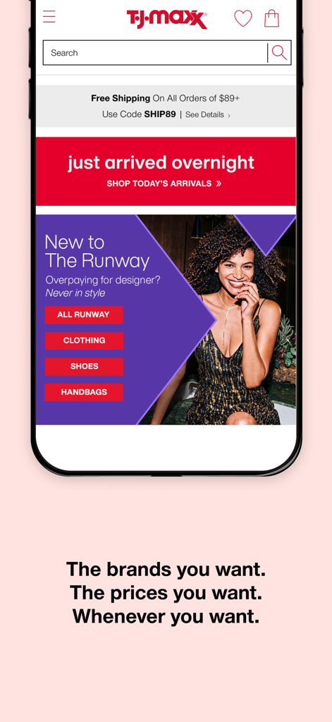T.J.Maxx app home screen featuring the Runway designer collection and latest arrivals