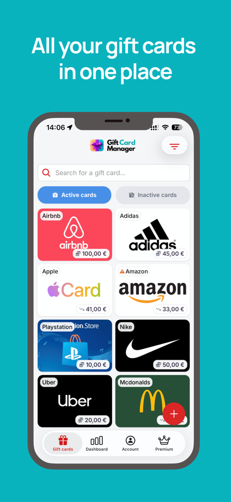 Gift Card Manager - Mobile interface of Gift Card Manager app showing a grid of gift cards with remaining balances