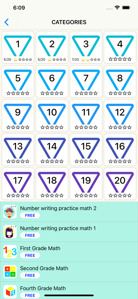 Third Grade Math Quiz app categories menu showing numbered levels with progress stars and related educational apps