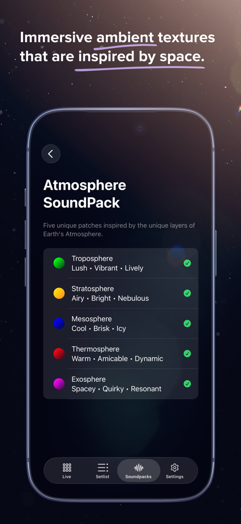 AeroPads - Pads & Soundscapes - Interfaccia del SoundPack Atmosphere nell'app AeroPads con patch di musica ambient ispirate allo spazio.