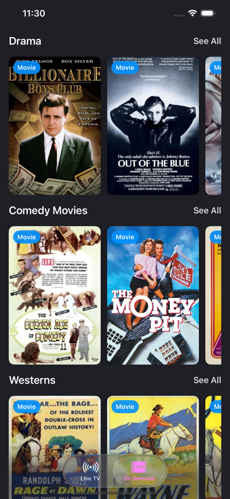 Airy TV & Live Movie Streaming - Airy TV app interface showing free movie categories including Drama Comedy and Westerns