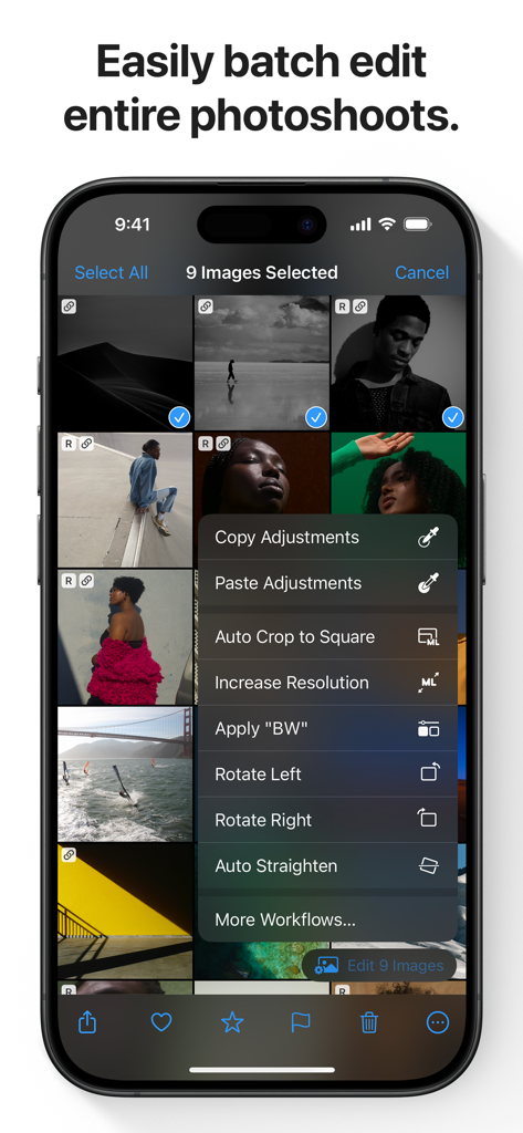 Photomator app interface on iPhone showing batch photo editing options for multiple selected images