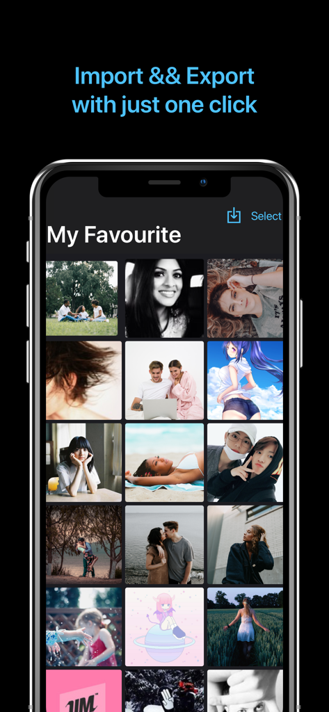 PhotoVault - Keep Photos Safe - PhotoVault app on iPhone displaying the My Favourite album and the one click import and export feature