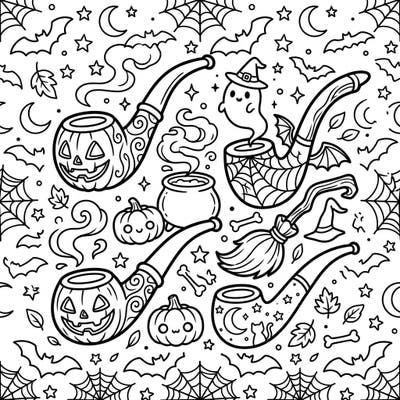 Dive into the whimsical world where pipes meet Halloween fun on this charming coloring page. Discover spooky jack-o'-lantern pipes, a ghost in a witch hat, and playful bats, all ready for your creative touch.