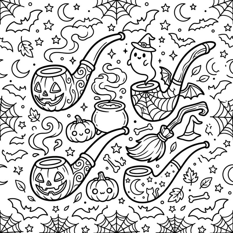 Dive into the whimsical world where pipes meet Halloween fun on this charming coloring page. Discover spooky jack-o'-lantern pipes, a ghost in a witch hat, and playful bats, all ready for your creative touch.