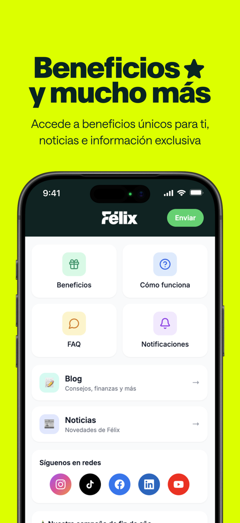 Félix Pago - Envíos de dinero - Pantalla de la aplicación móvil Félix Pago mostrando la sección de beneficios y noticias en español