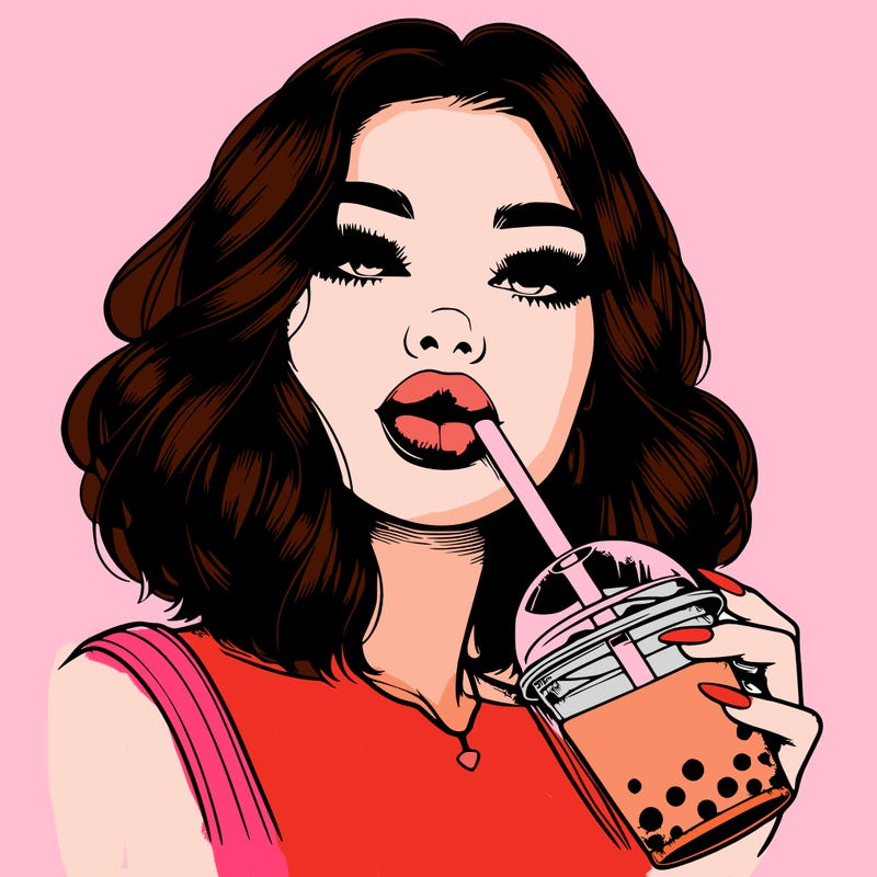 realistic girl with glossy lips holding boba