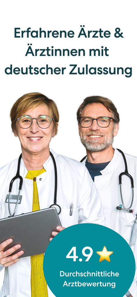 Male and female doctors representing the teleclinic platform with a 4.9 star average rating badge