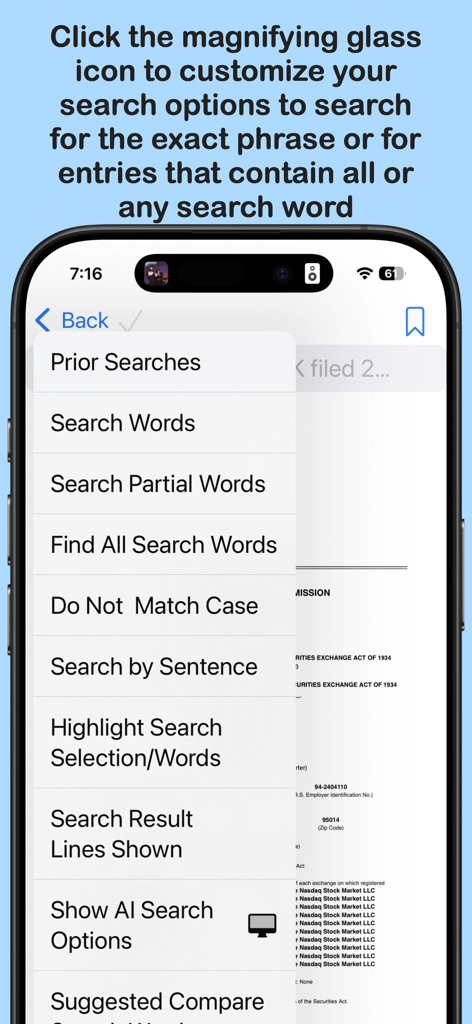 Pdf Text Search - Pdf Text Searchモバイルアプリの高度な検索設定メニュー。完全一致と単語一致のオプションが表示されています