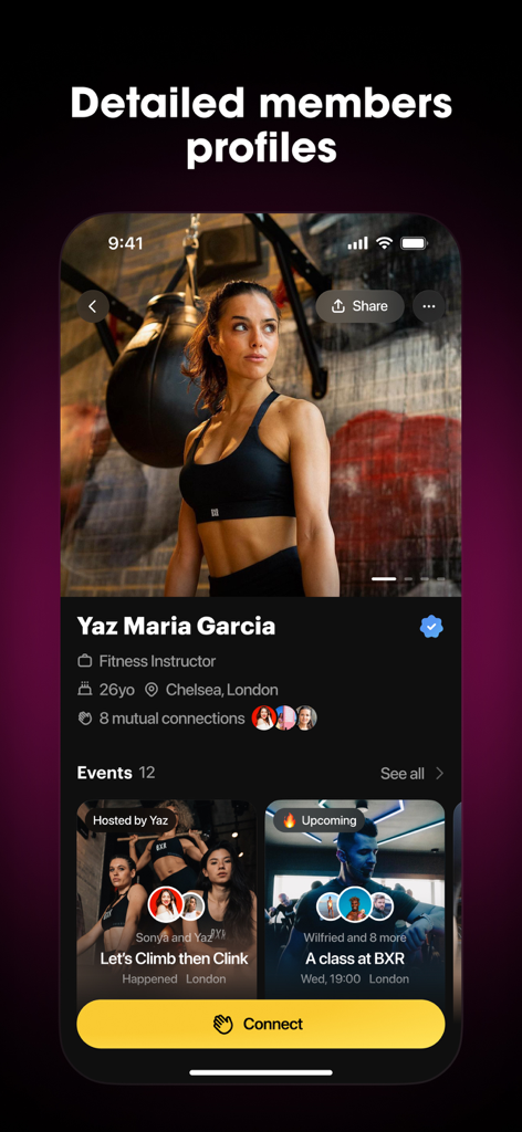 A detailed member profile of a fitness instructor in the Locals app showing biography, mutual connections, and past events.