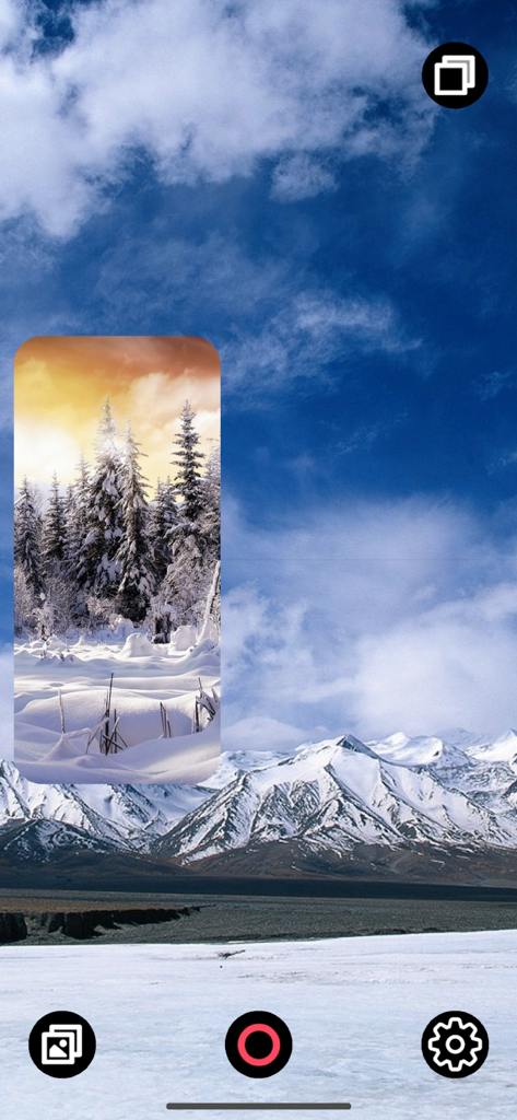 Dual Camera Plus - Dual Camera Plus app interface showing a picture-in-picture video recording of a snowy mountain range and a forest.
