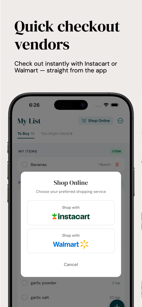 Six Sisters: Meal Planner - Six Sisters Meal Planner app interface for online grocery shopping with Instacart and Walmart