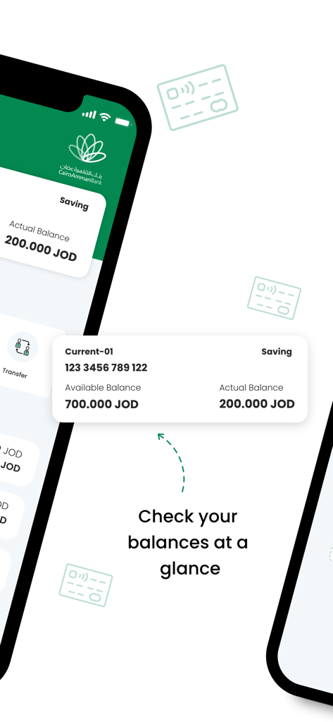 CAB Mobile Banking - Interfaccia di mobile banking che mostra i saldi disponibili ed effettivi per conti correnti e di risparmio