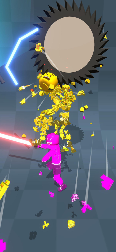 Draw Block Gladiator - Gladiateur rose avec une épée rouge combattant un ennemi bloc jaune près d'une lame de scie rotative