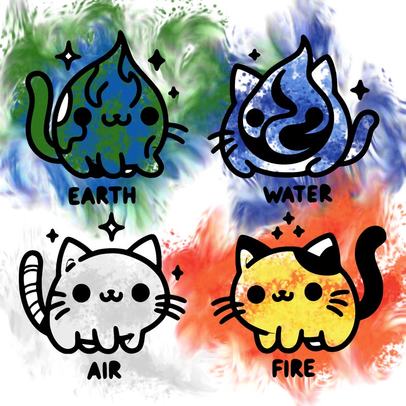 4 cats that represent the different elements, earth, water, air, and fire