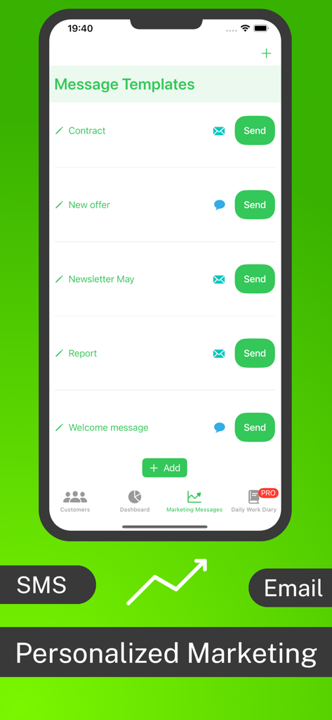 Pantalla de plantillas de mensajes en la aplicación Lista de Clientes mostrando opciones de SMS y correo electrónico para marketing personalizado.