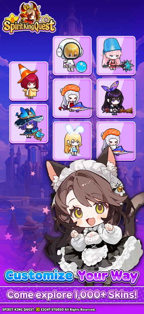 A showcase of various cute anime chibi character skins and customization options in Spirit King Quest.