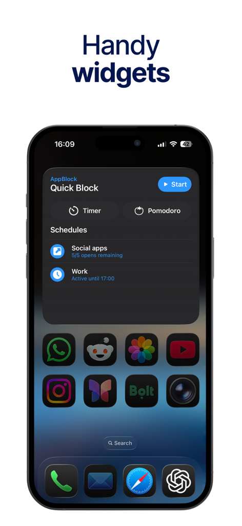 iPhone home screen displaying the AppBlock Quick Block widget with schedules for social apps and work.