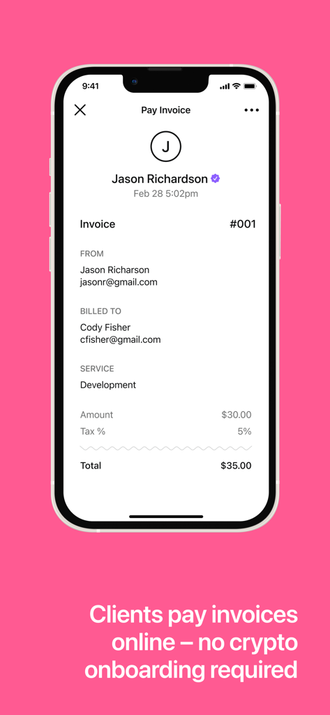 Sentz – The Global Payment App - A mobile interface for the Sentz app showing a digital invoice for development services with an option to pay online.