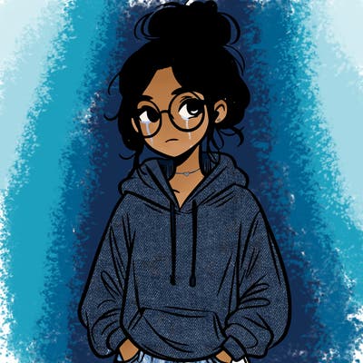 teen girl with a messy bun and glasses wearing a loose hoodie and jeans