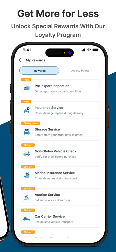 Pantalla del programa de fidelización Mis Recompensas de la aplicación móvil Sat Japan con descuentos en inspección de coches, seguro y servicios de envío.