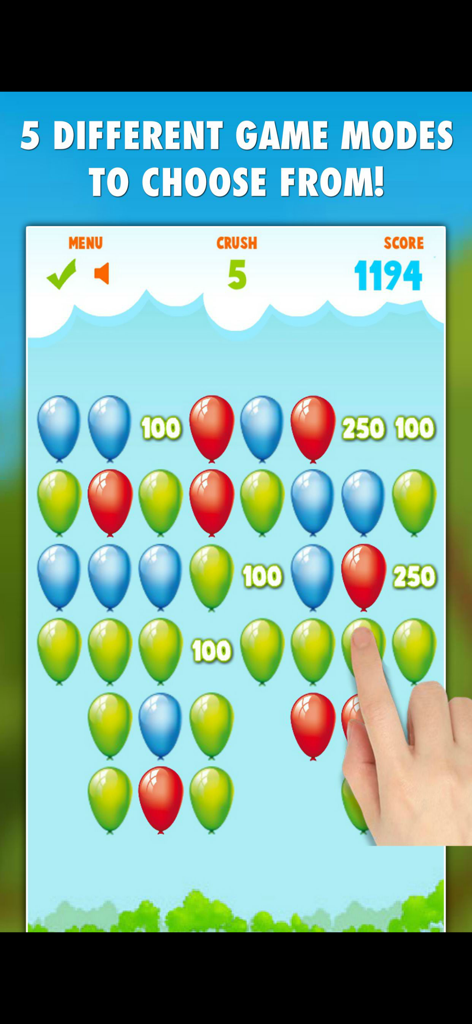 Balloons Pop Mania - Captura de pantalla del juego Balloons Pop Mania mostrando un dedo tocando un globo verde en un puzzle de combinación de colores
