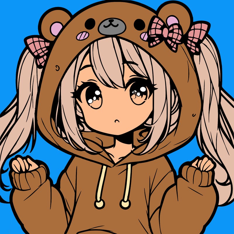 cute anime girl with ponytails and a cute bear hoodie