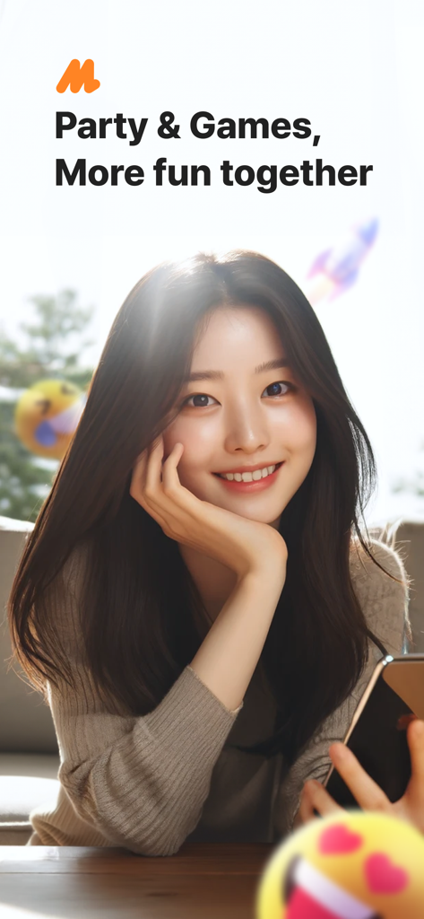 Moii - Heartfelt Connections - A smiling young woman holding a smartphone with the Moii app logo and text about party and games