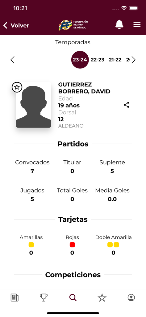 FRF - Pantalla de perfil detallado de jugador en la app FRF mostrando estadísticas individuales de partidos y tarjetas para un futbolista.