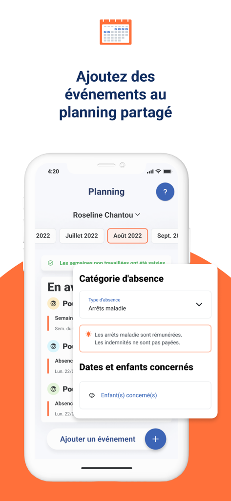 Mon Pajemploi au quotidien - Interface of the Mon Pajemploi au quotidien app for adding events to a shared planning