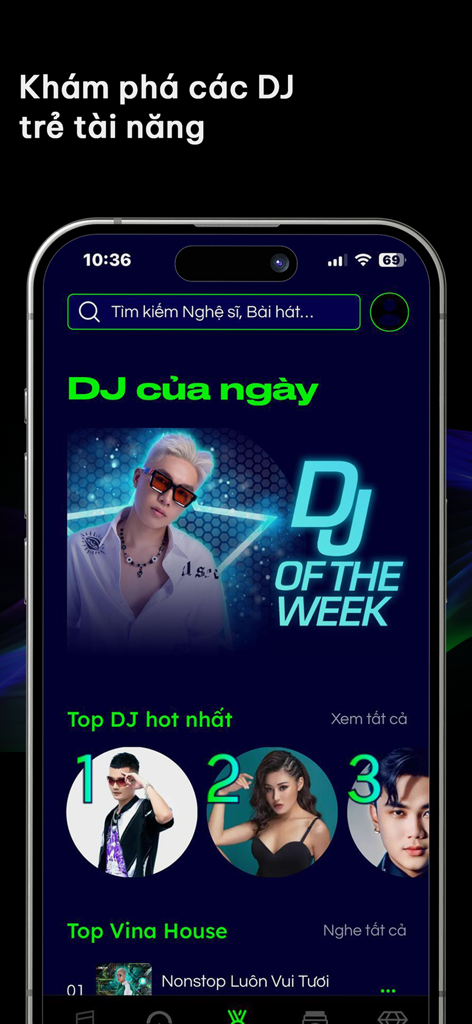 Diijam - Nhạc mp3 & EDM Remix - Diijam app interface featuring top Vietnamese DJs and Vina House music categories