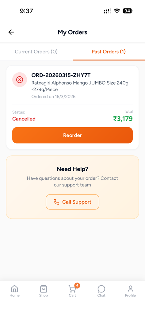 Dhanshe Farm - Dhanshe Farm app interface showing the My Orders screen with a cancelled past order for jumbo mangoes